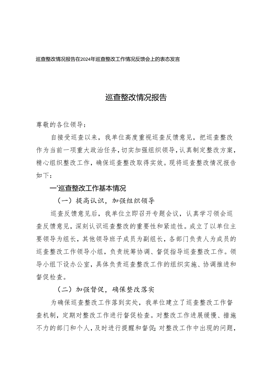 2篇 巡查整改情况报告及巡查整改工作情况反馈会上的表态发言.docx_第1页