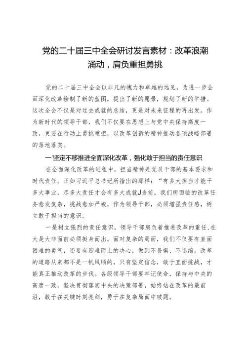 党的二十三中全会研讨发言素材：改革浪潮涌动肩负重担勇挑.docx