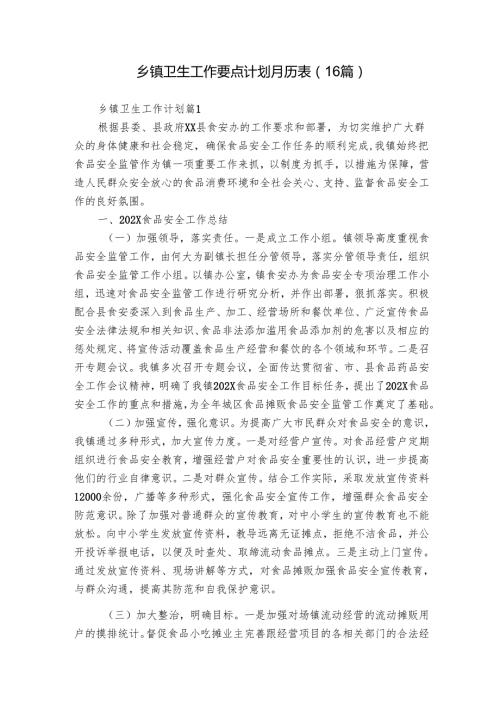 乡镇卫生工作要点计划月历表（16篇）1.docx