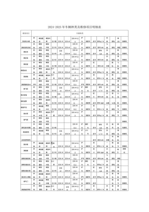 20242025年车辆种类及维修项目明细表.docx