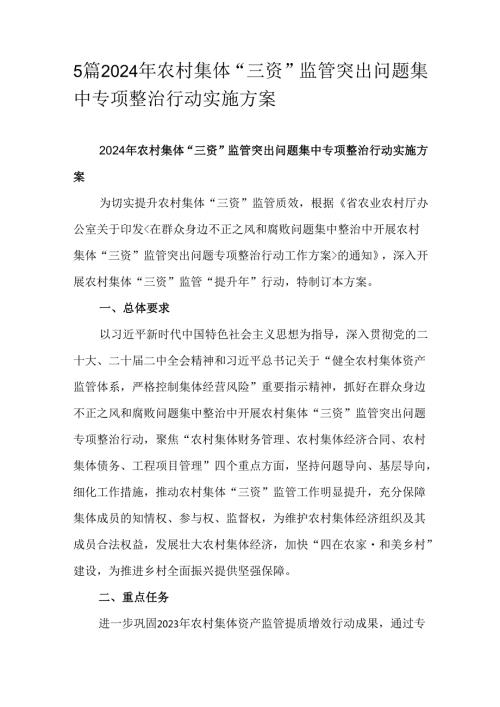 5篇2024年农村集体“三资”监管突出问题集中专项整治行动实施方案.docx