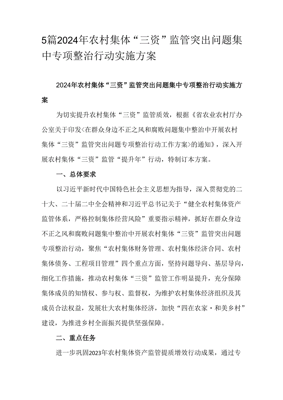 5篇2024年农村集体“三资”监管突出问题集中专项整治行动实施方案.docx_第1页