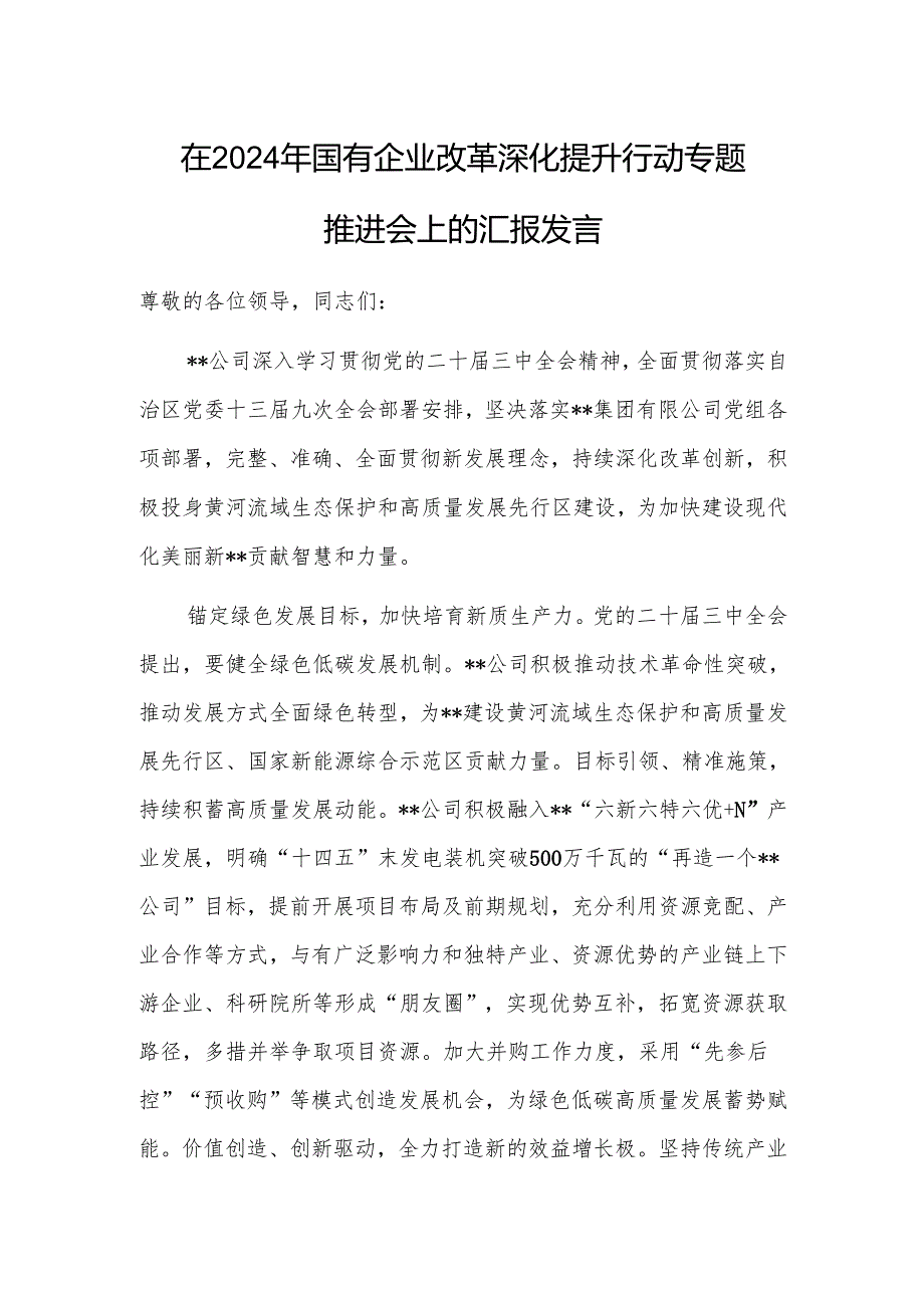 2024年国有企业改革深化提升行动专题推进会上的汇报发言范文2篇.docx_第1页