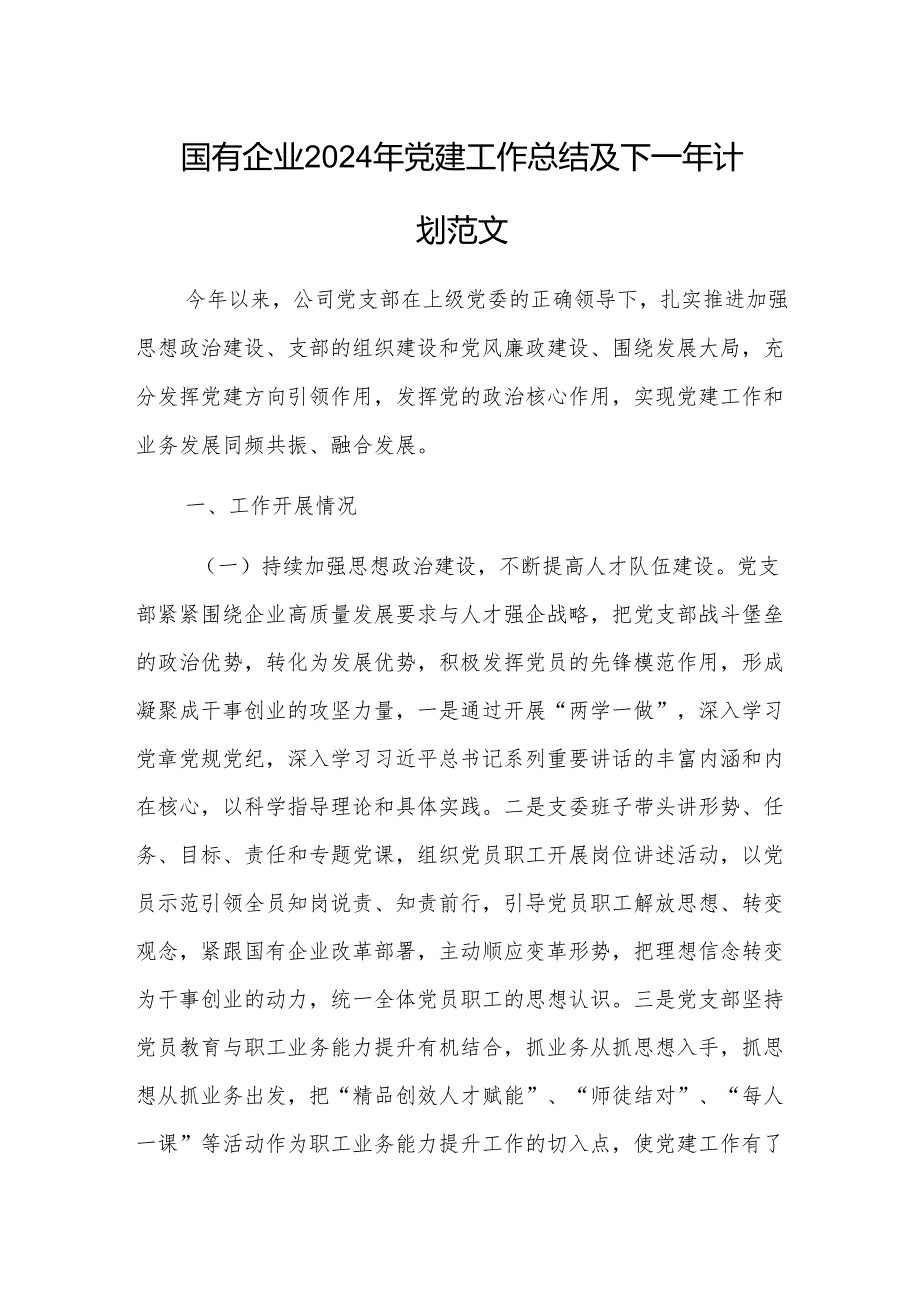 国有企业2024年党建工作总结及下一年计划范1.docx_第1页