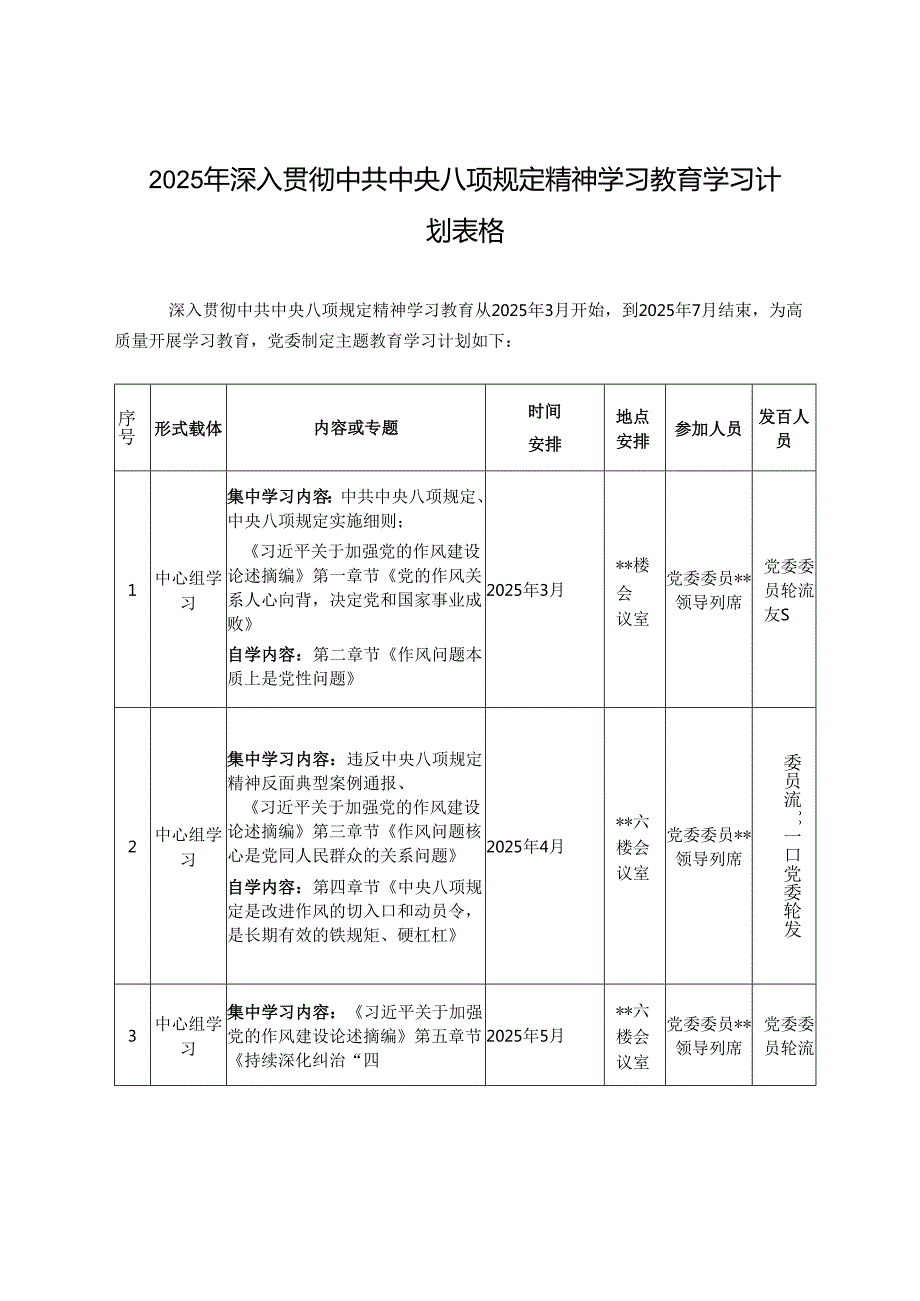 2025年深入中央八项规定精神学习教育学习计划表格+局党组深入贯彻中央八项规定精神学习教育的工作方案.docx_第1页