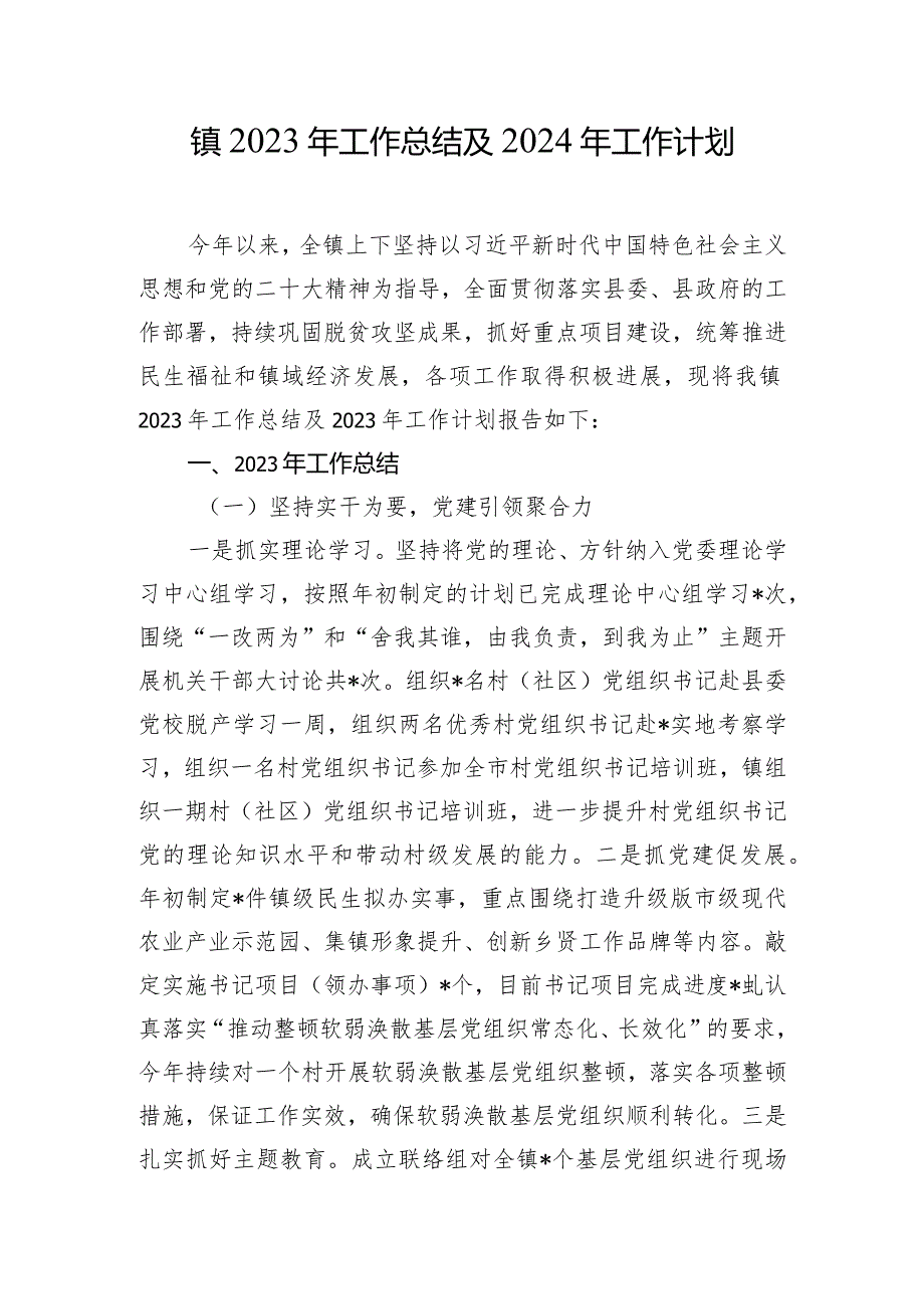 镇2023年工作总结及2024年工作计划.docx_第1页