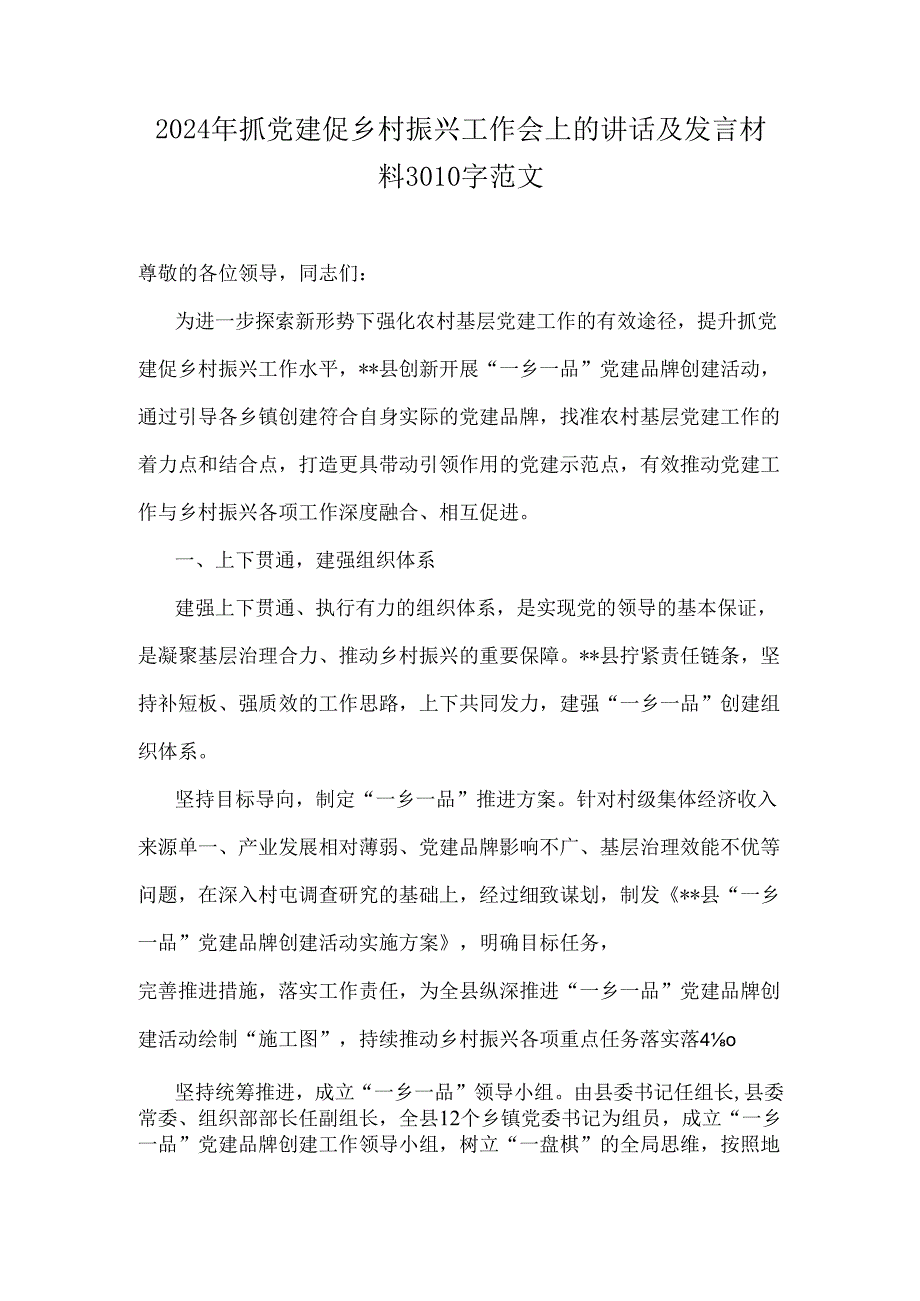 2024年抓党建促乡村振兴工作会上的讲话及发言材料3010字范文.docx_第1页