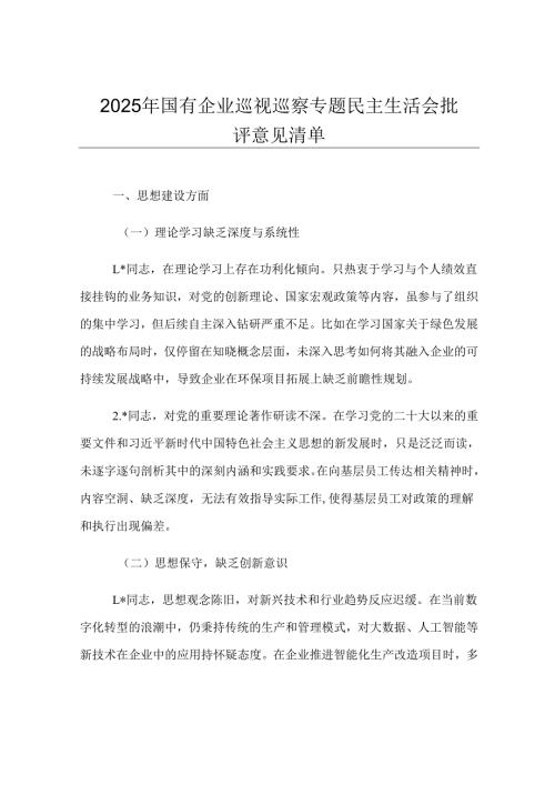 2025年国有企业巡视巡察专题民主生活会批评意见清单.docx