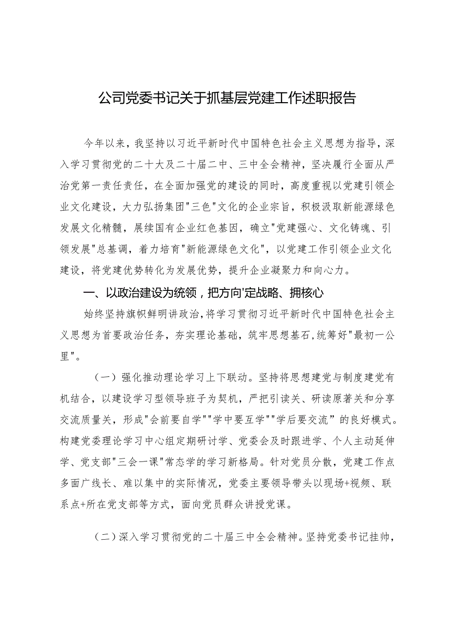 3篇 2024年公司党委书记关于抓基层党建工作述职报告.docx_第1页