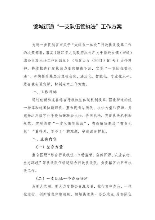 锦城街道“一支队伍管执法”工作方案.docx
