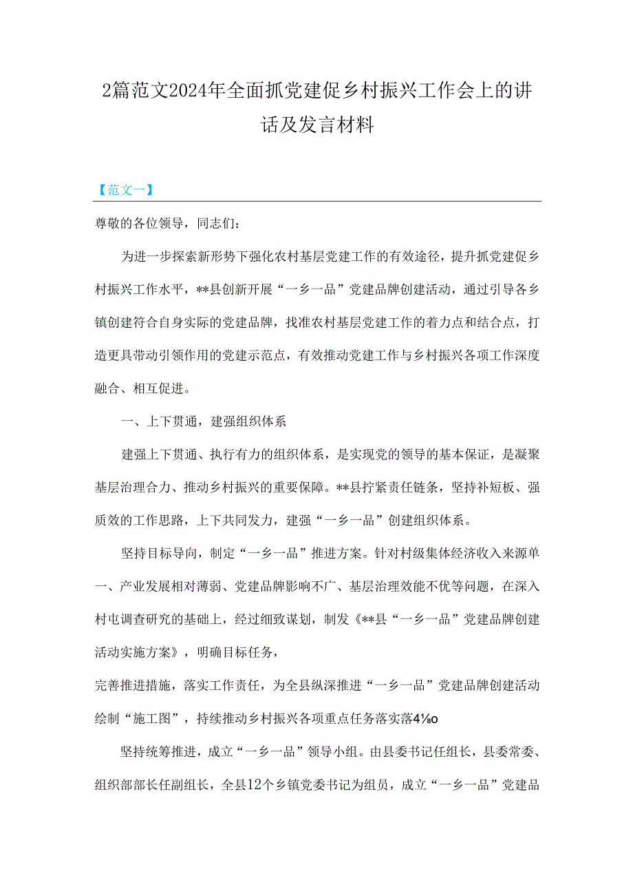 2篇范文2024年全面抓党建促乡村振兴工作会上的讲话及发言材料.docx_第1页