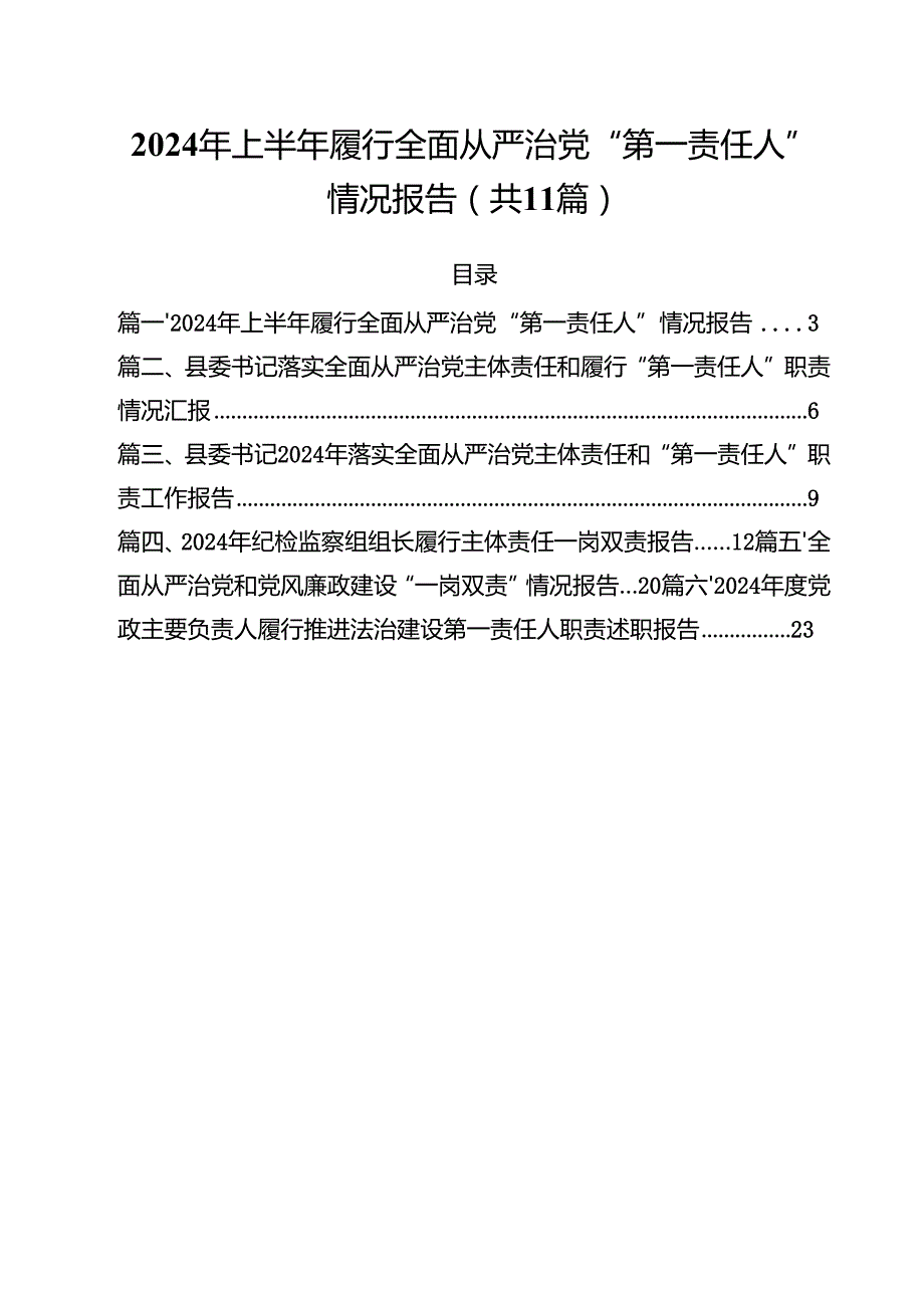 (11篇)2024年上半年履行全面从严治党“第一责任人”情况报告（精选）.docx_第1页