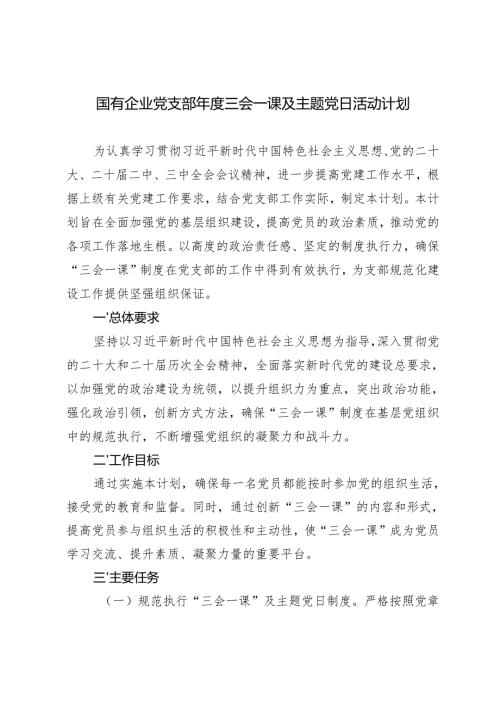20242025年国有企业党支部三会一课及主题党日活动计划.docx