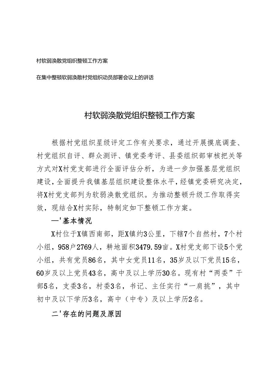 20242025年村软弱涣散党组织整顿工作方案+在集中整顿软弱涣散村党组织动员部署会议上的讲话.docx_第1页