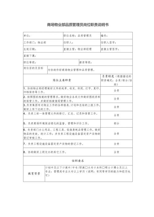商场物业部品质管理员岗位职责说明书.docx