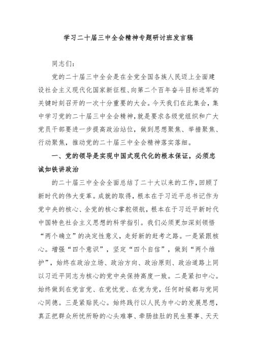2024年开展学习二十三中全会精神专题研讨班发言稿合计4份.docx