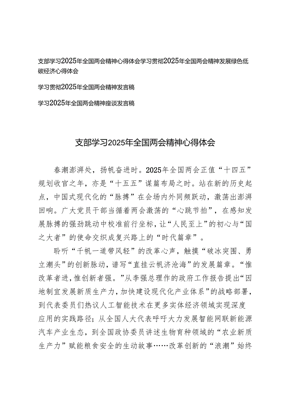 4篇 2025年3月支部学习2025年全国两会精神心得体会.docx_第1页