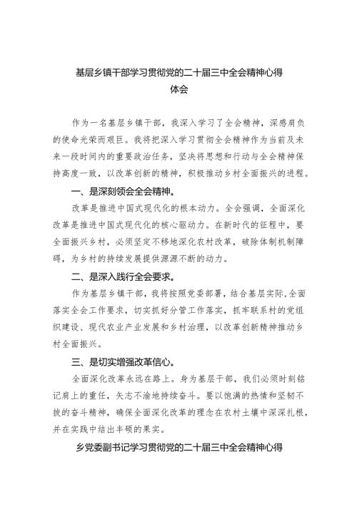 （9篇）基层乡镇干部学习贯彻党的二十三中全会精神心得体会范文.docx