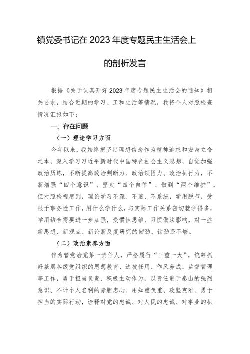 镇党委书记在2023专题民主生活会上的剖析发言.docx