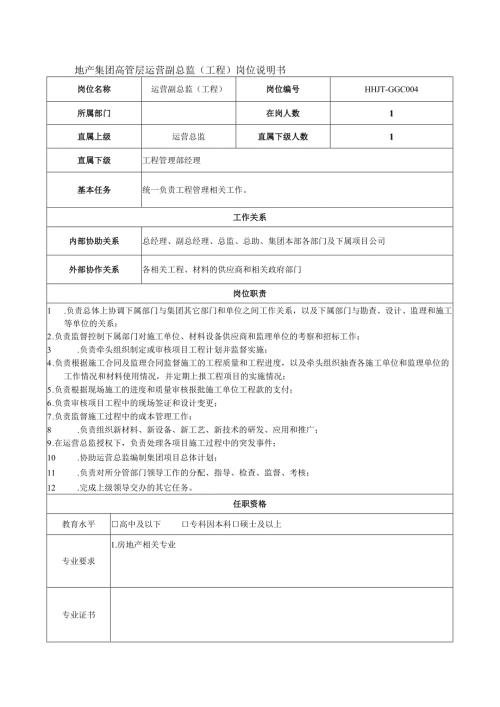地产集团高管层运营副总监（工程）岗位说明书.docx