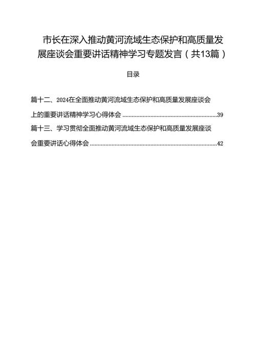 市长在深入推动黄河流域生态保护和高质量发展座谈会重要讲话精神学习专题发言13篇（精选）.docx