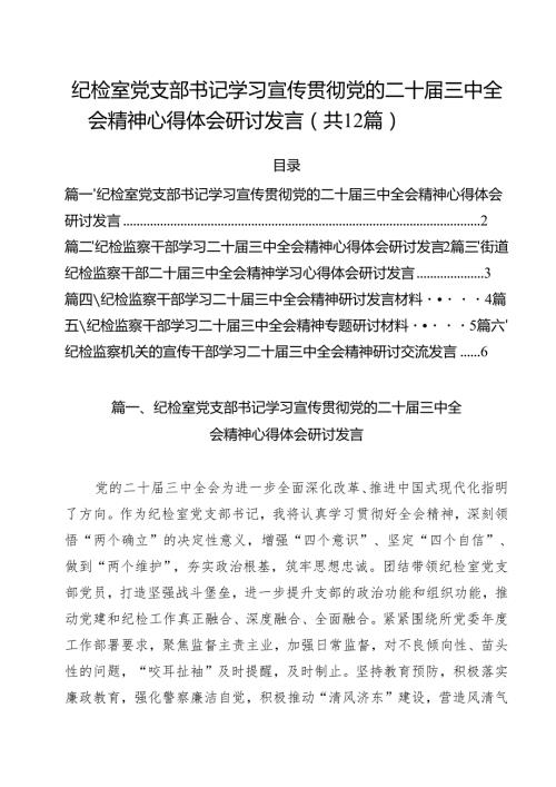纪检室党支部书记学习宣传贯彻党的二十三中全会精神心得体会研讨发言12篇（详细版）.docx