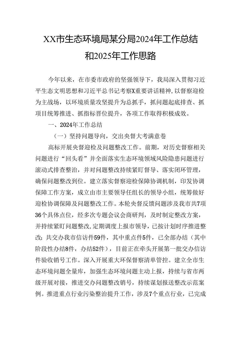 市生态环境局某分局2024年工作总结和2025年工作思路.docx_第1页