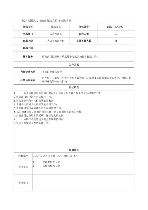 地产集团人力行政部行政文员岗位说明书.docx