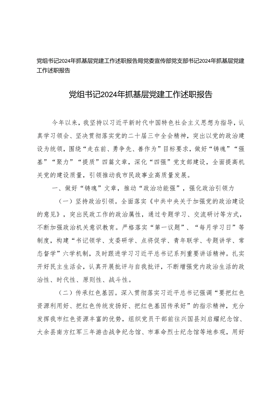 党支部书记、党组书记2024年抓基层党建工作述职报告.docx_第1页