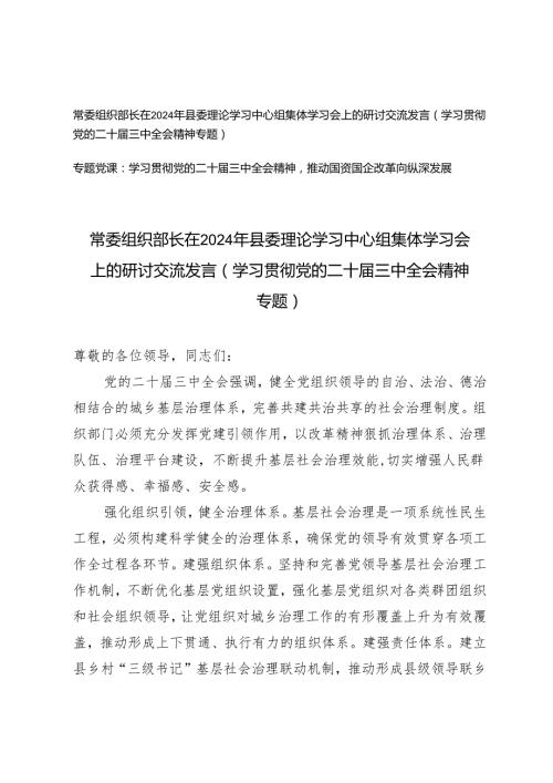 （学习贯彻党的二十三中全会精神专题）常委组织部长在2024年县委理论学习中心组集体学习会上的研讨交流发言+推动国资国企改革向纵深发展党课讲稿.docx