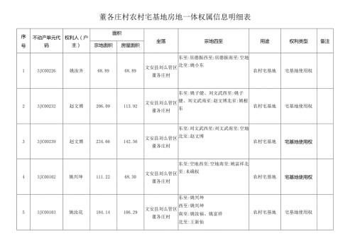 董各庄村农村宅基地房地一体权属信息明细表.docx