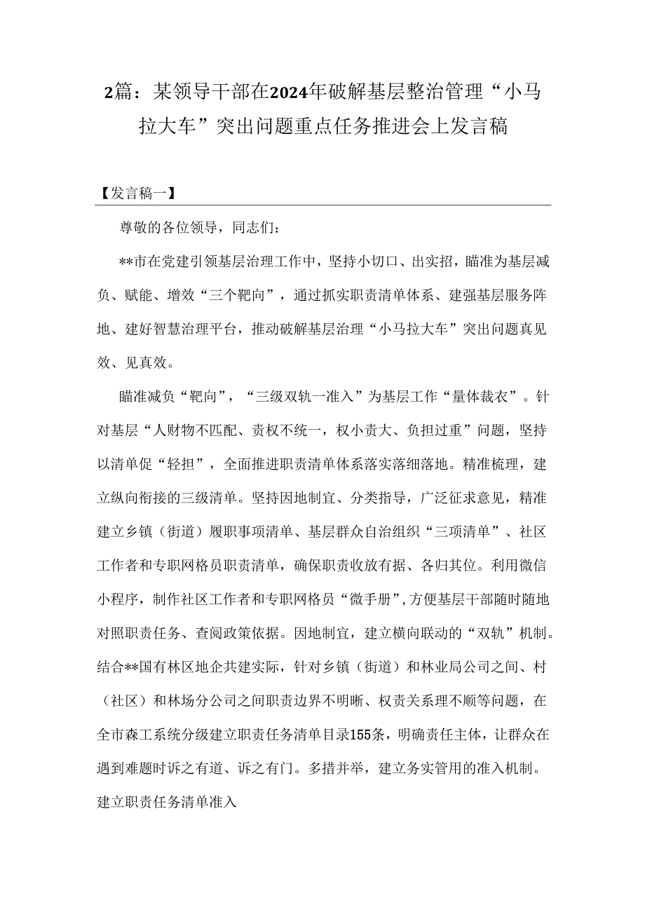 2篇：某领导干部在2024年破解基层整治管理“小马拉大车”突出问题重点任务推进会上发言稿.docx_第1页