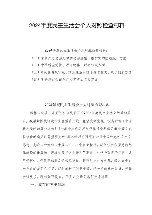 2024年民主生活会个人对照检查发言材料 8篇.docx