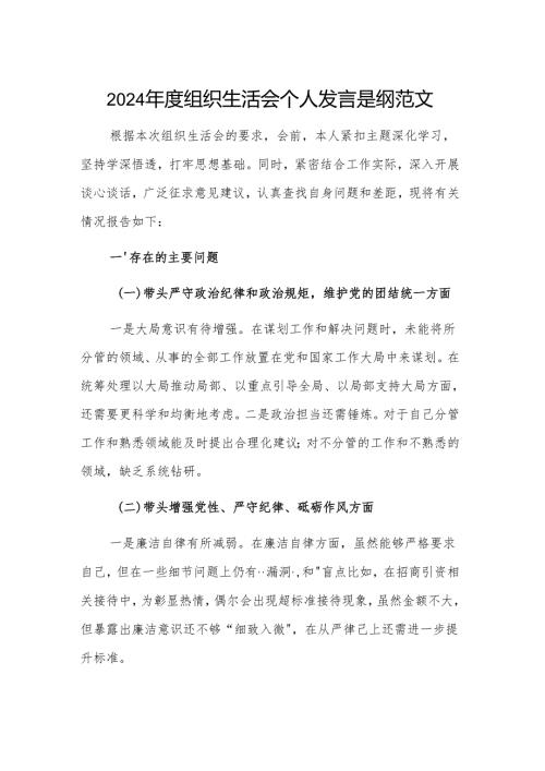 2024年度组织生活会个人发言提纲范文.docx