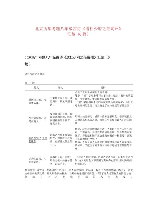 北京历年考题八年级古诗《送杜少府之任蜀州》汇编（6篇）.docx
