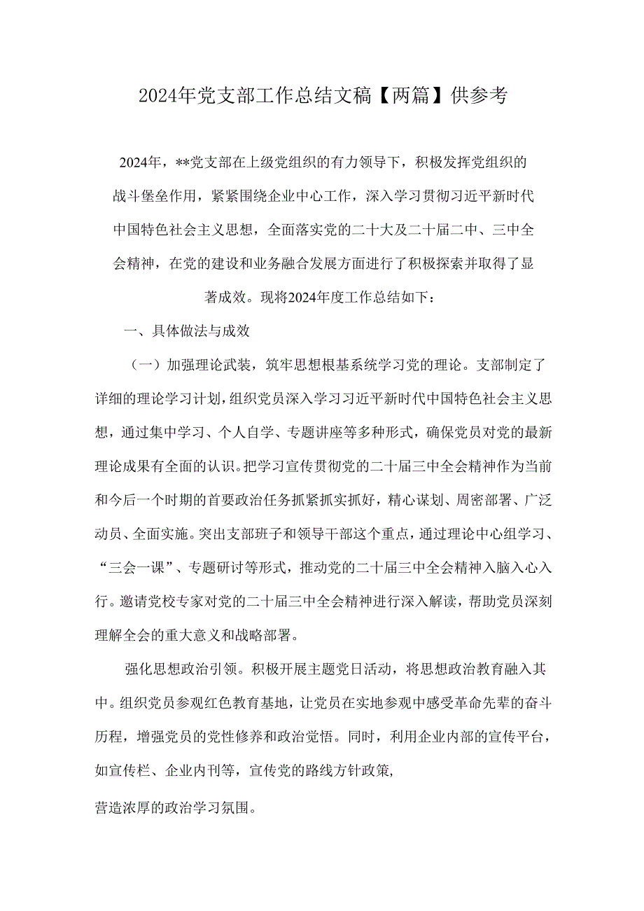 2024年党支部工作总结文稿【两篇】供参考.docx_第1页