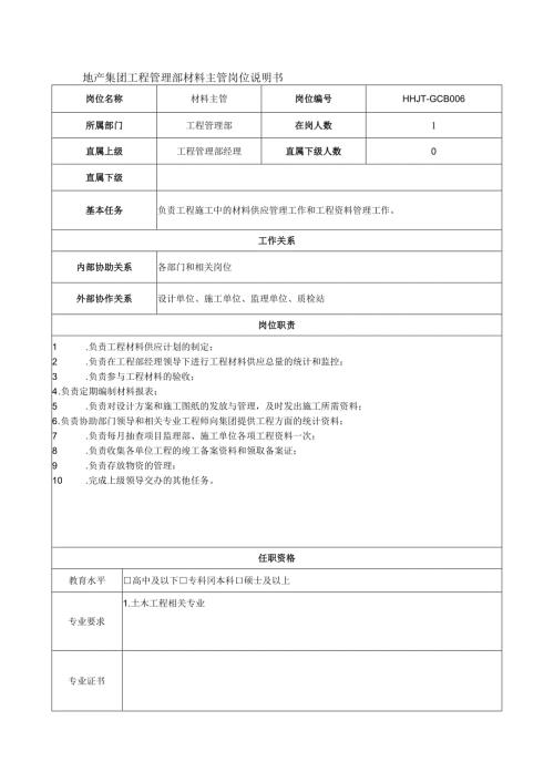 地产集团工程管理部材料主管岗位说明书.docx