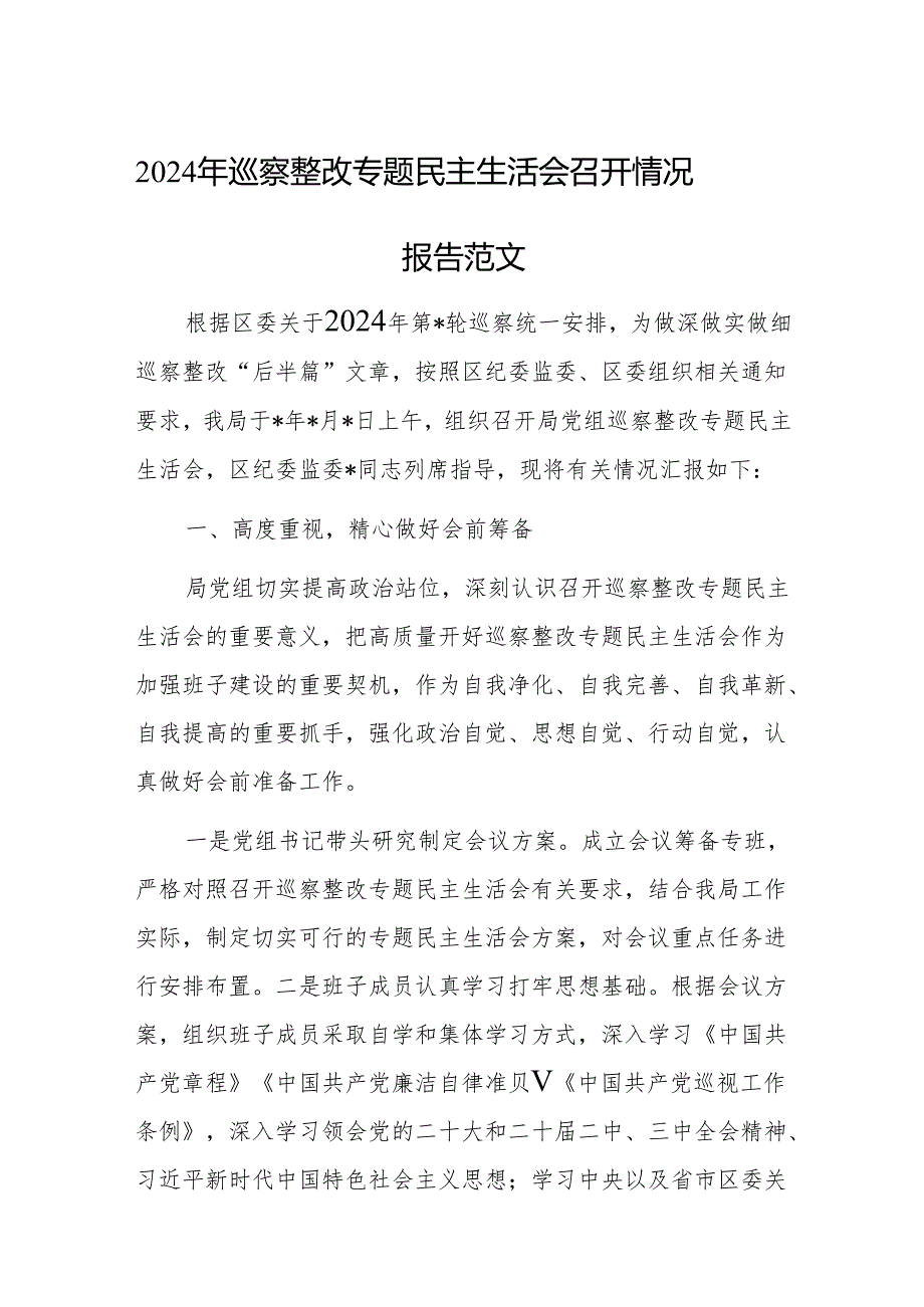 2024年巡察整改专题民主生活会召开情况报告范文.docx_第1页