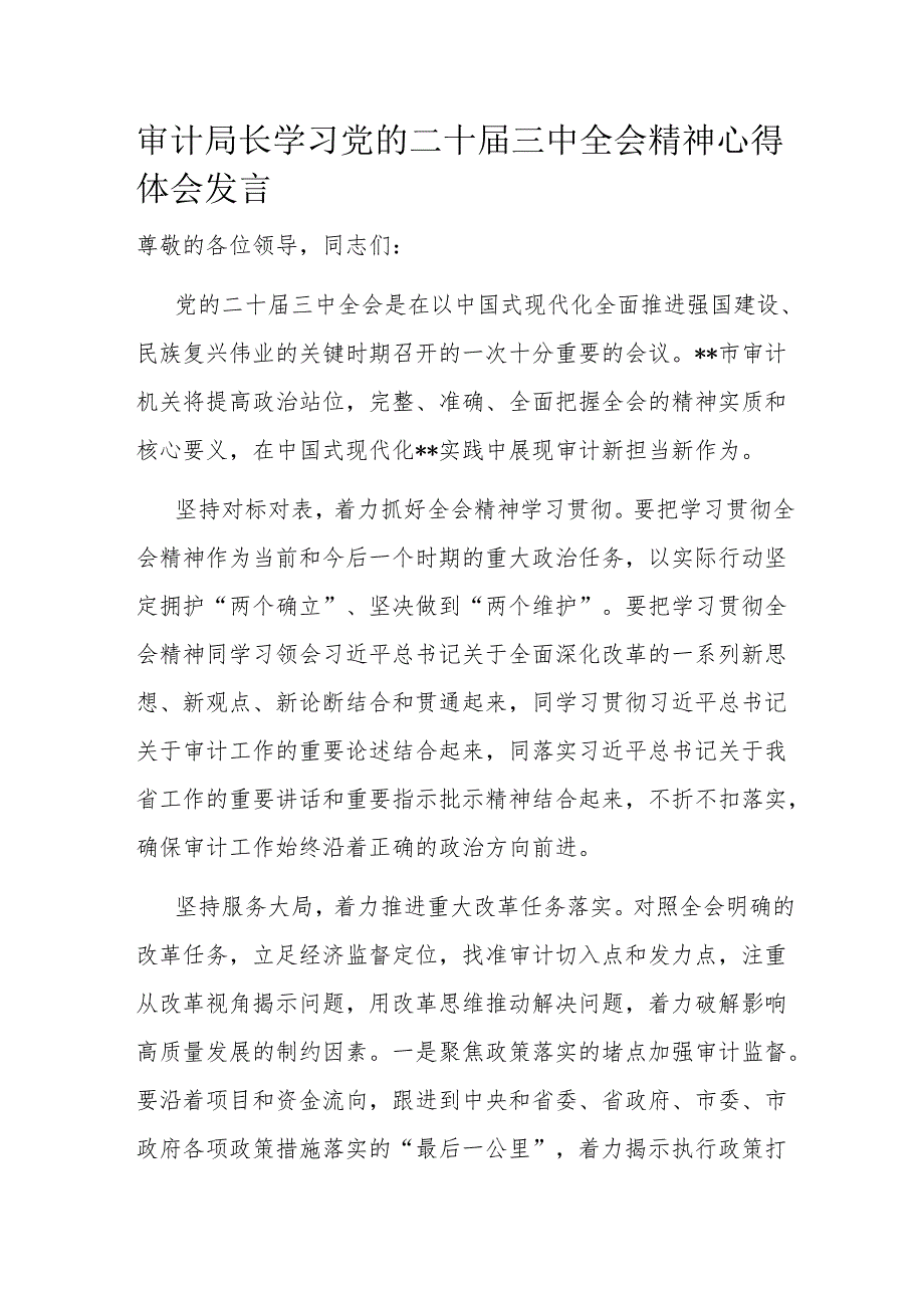 审计局长学习党的二十三中全会精神心得体会发言.docx_第1页