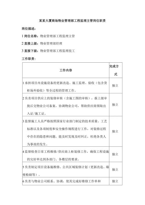 某某大厦商场物业管理部工程监理主管岗位职责.docx