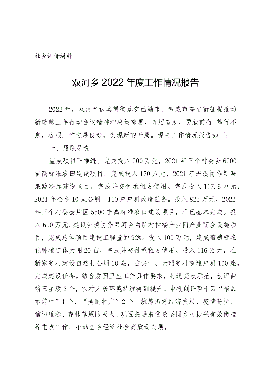 社会评价材料双河乡2022工作情况报告.docx_第1页