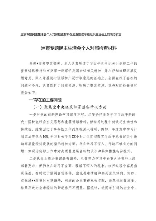 巡察专题民主生活会个人对照检查材料+在巡查整改专题组织生活会上的表态发言.docx