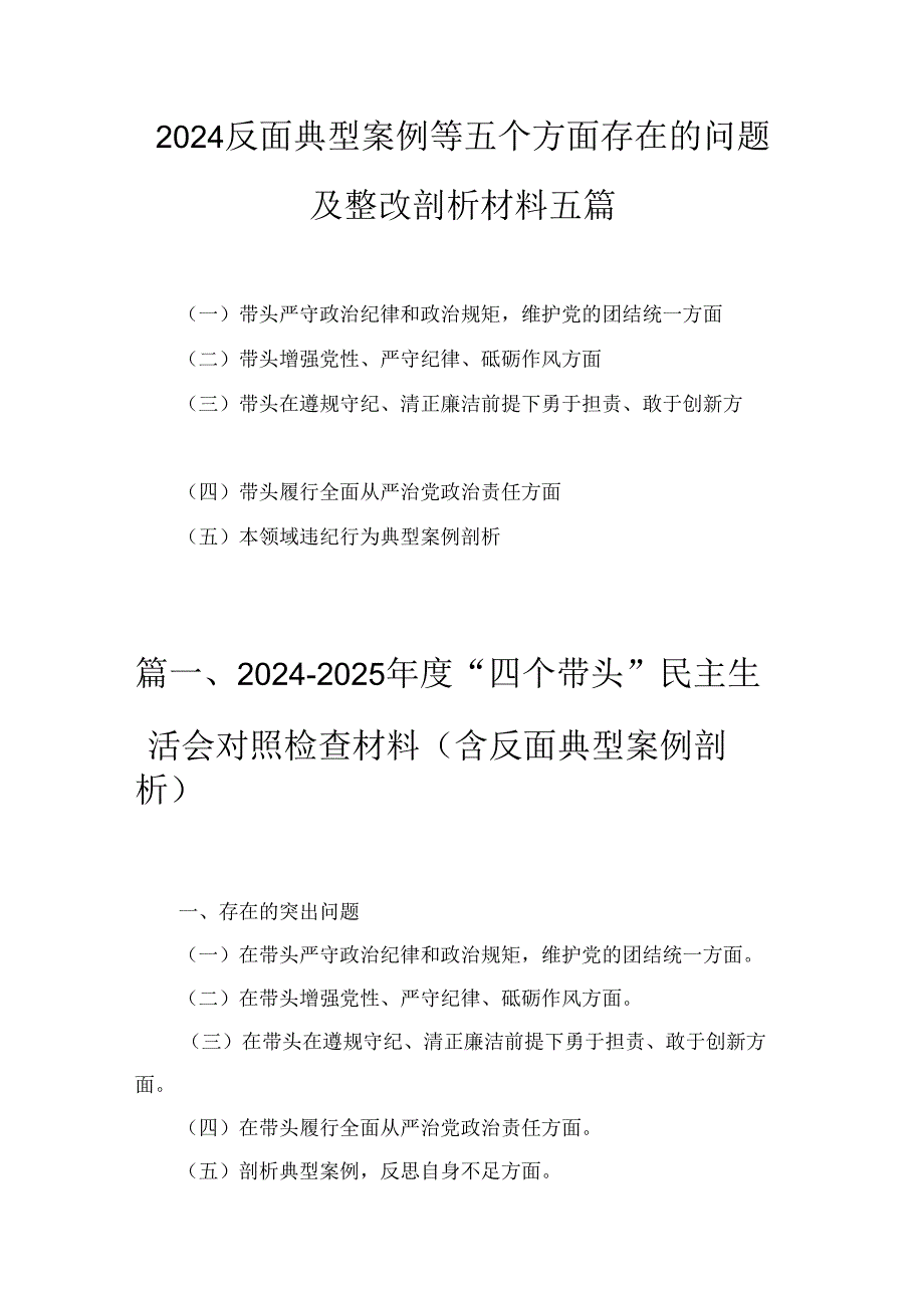 2024反面典型案例等五个方面存在的问题及整改剖析材料五篇.docx_第1页