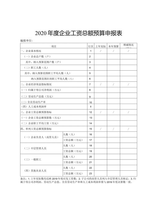 2020企业工资总额预算申报表.docx