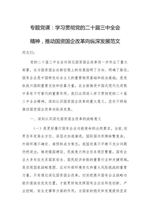 专题党课范文：学习贯彻党的二十三中会议精神推动国资国企改革向纵深发展.docx