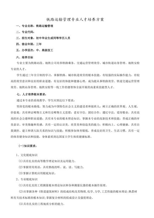 铁路运输管理专业人才培养方案.docx