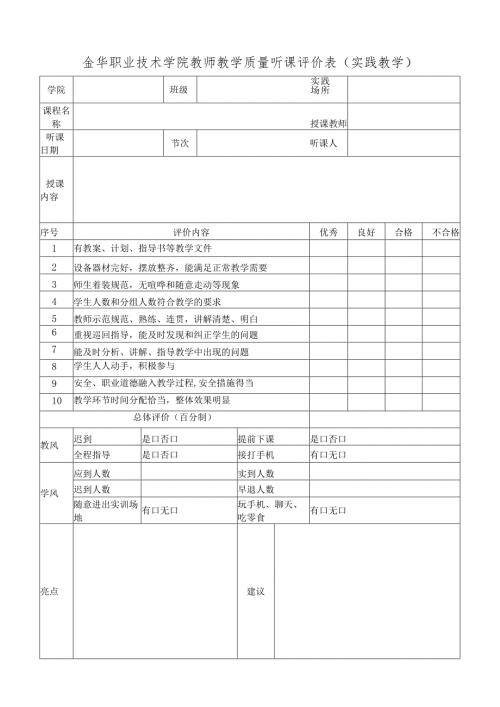 金华职业技术学院教师教学质量听课评价表实践教学.docx