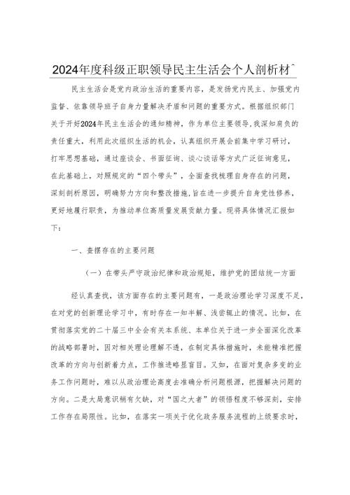 2024年度科级正职领导民主生活会个人剖析发言材料.docx