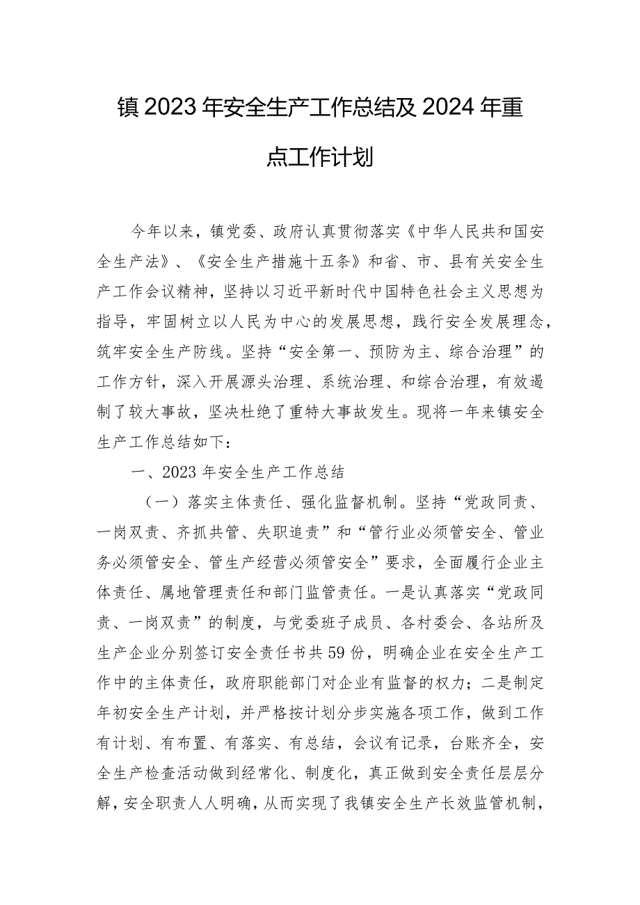 镇2023年安全生产工作总结及2024年重点工作计划.docx_第1页