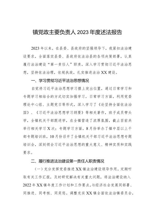 镇党政主要负责人2023述法报告.docx